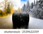 Summer tires on a road winter wheel off. Change a car seasonal tyre summer forest road with trees background. Scene split between. Change for winter tire. Banner Selling off. Background automechanic