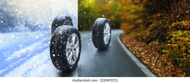 Summer tires on a road winter wheel off. Change a car seasonal tyre summer forest road with trees background. Change for winter tire. Banner Selling off. Or Background automechanic - Shutterstock ID 2229870721