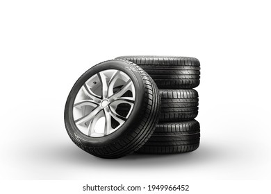 summer tires and wheels-stack on a white background