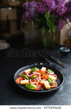 Similar – Lebensmittel Hintergrund mit Tomaten, Olivenöl, Avocado