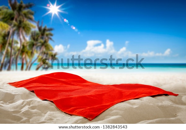 Summer Towel On Sand Beach Background Stock Photo (Edit Now) 1382843543