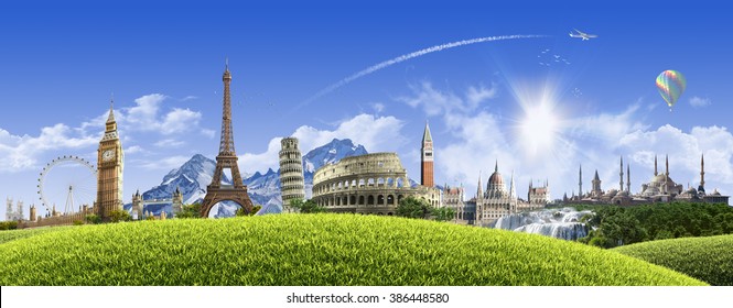 Summer travel across Europe - sunny landscape background with famous landmarks and grassy hill over clear blue sky - great for posters, cards or banners (all composition elements shot by myself)