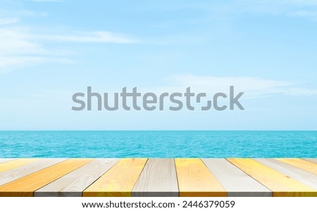 Summer Travel Background, Wood Table on Sea Blue Sky, Top Deck Mockup Product Beauty Cosmetic Presentation, Stage on Water Island at Coast Backdrop Tourism Relax Vacation,Tropical Ocean Space Template