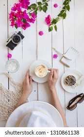 Summer Travel Vacation Coffee Break And Objects On White Outdoor Cafe Table Top.