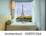 Summer, Travel, Vacation and Holiday in Paris ,France. Beautiful Eiffel tower view at window in resort near Seine river, Paris ,France.