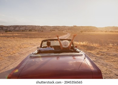 Summer Travel In Vintage Luxury Car, Happy Couple On Luxurious Vacation