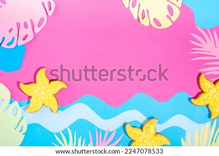 Summer trendy colorful background. Paper art minimal background with various bright paper tropical leaves, ocean sea waves, shells and starfish. Creative summertime holiday vacation background