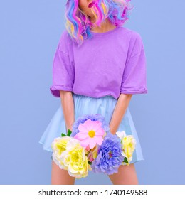 Summer Trendy Outfit Fashion. Girl 90s Aesthetic. Flowers Blooming Vibe. Vanilla Colors Design