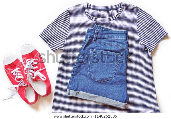 Summer Trendy Womens Outfit Striped Tshirt Stock Image Download Now