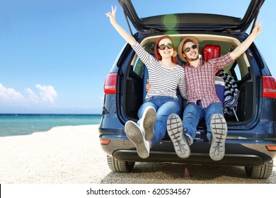 Summer Trip On Beach By Car And Two Lovers 