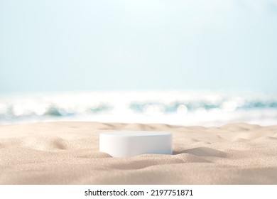 Summer tropical background, Podium on sand beach on sea background, Mock up for the exhibitions, Presentation of products, 3d render. - Shutterstock ID 2197751871
