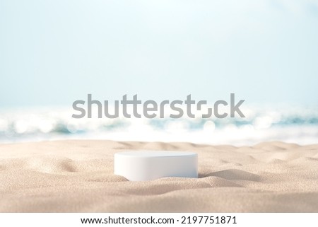 Summer tropical background, Podium on sand beach on sea background, Mock up for the exhibitions, Presentation of products, 3d render.