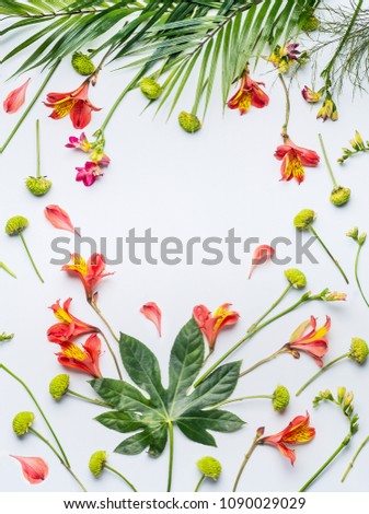 Tropical flower and palm leaves on white