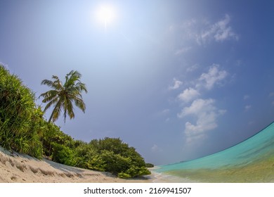 summer tropical sandy beach turquoise water lagoon panorama with fisheye lens