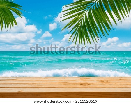 Summer tropical sea with waves, palm leaves and blue sky with clouds. Perfect vacation landscape with empty wooden table
