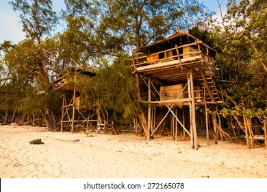 Summer Tropical Treehouse On Island Koh Rong In Cambodia. Landscape Of South East Asia.