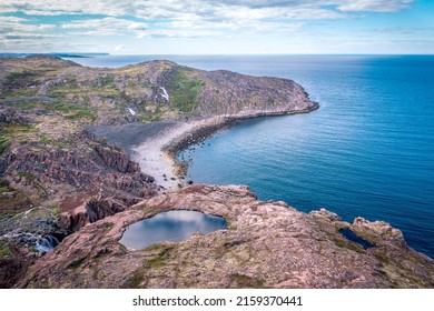 Summer Tundra. Rocky Coastline Of Barents Sea Near Teriberka, Panoramic Aerial View. Scenery Of Russian North. Kola Peninsula, Murmansk Oblast, Russia