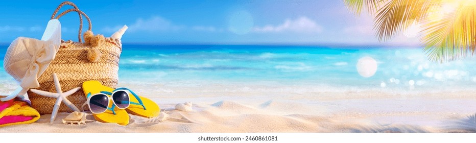 Summer Vacation - Accessories In Bag In Tropical Beach With Defocused Ocean - Powered by Shutterstock
