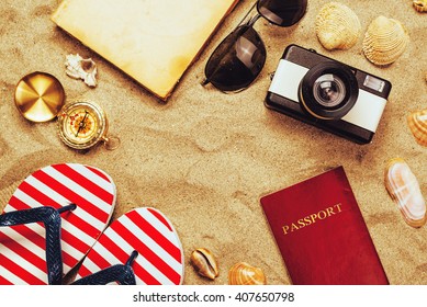 Summer Vacation Accessories On Tropical Sandy Ocean Beach, Holidays Abroad - Summertime Lifestyle Objects In Flat Lay Top View Arrangement
