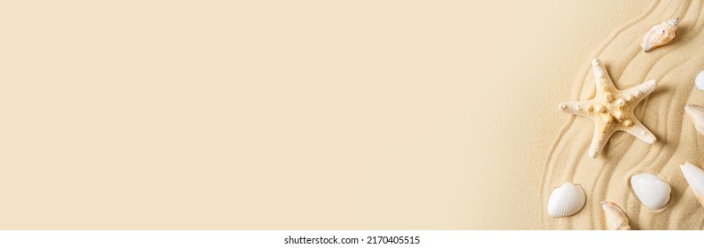 Summer vacation and beauty sand mock up with starfish and sand on beige background, top view, copy space, flat lay, banner - Shutterstock ID 2170405515