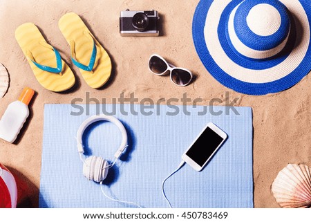 Similar – Image, Stock Photo Summer flat lay with apples, sunflowers, pomegranate