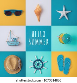 Summer Vacation Concept With Beach Items On Colorful Background. View From Above. Flat Lay