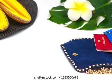 Summer Vacation Concept With Hat,espadrilles,  Passport, Handbag. Everything A Fashionista Needs For A Beach Party. Travel Tourism Objects,  Copy Space. Time To Go. Happy Holidays!