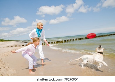 Summer Vacation - Family With Dog Playing On The Beach