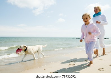 Summer Vacation - Family With Dog Playing On The Beach