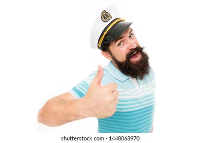 Summer vacation. Hipster beard mustache sailor hat. Captain of cruise liner. Brutal seaman isolated on white. Captain concept. Welcome aboard. Bearded man captain of ship. Sea cruise. Travel concept.