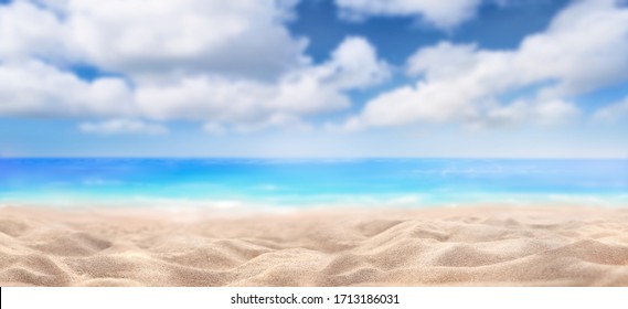 A summer vacation, holiday background of a tropical beach and blue sea and white fluffy clouds.