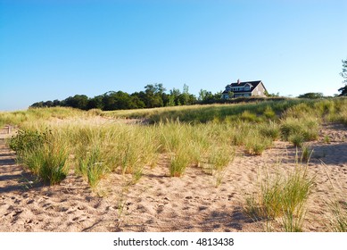 A Summer Vacation Home In The Dunes At Lake Michigan In The USA In Summertime.