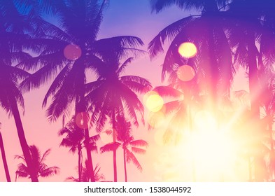 Summer vacation and nature travel adventure concept. Tropical palm tree with colorful bokeh sun light on sunset sky cloud abstract background. Vintage tone filter effect color style. - Shutterstock ID 1538044592