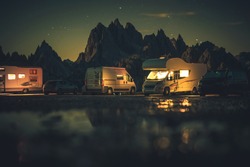 Summer Vacation And Road Trip In Motorhome. Recreational Vehicles RVs Overnight Alpine Camping. Dolomites Misurina, Italy.