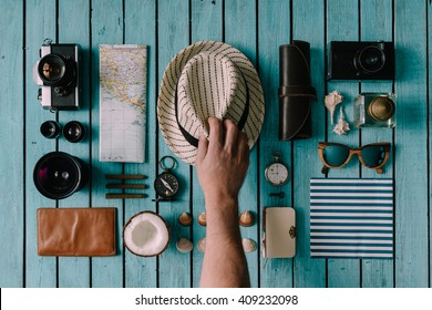 Summer vacation things neatly organised. Travel concept. Flat lay.