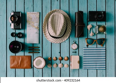 Summer Vacation Things Neatly Organised. Travel Concept. Flat Lay.