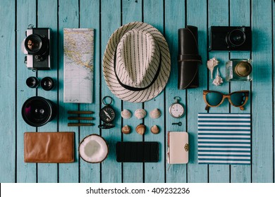 Summer Vacation Things Neatly Organised. Travel Concept. Flat Lay.