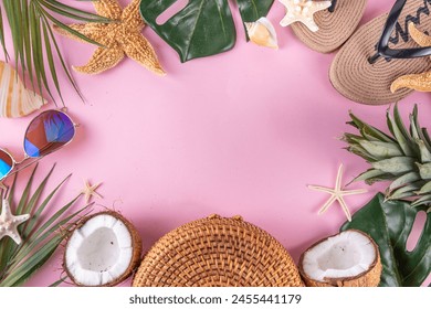 Summer vacation and travel holiday background, sale and invitation flat lay, with tropical leaves, flip flops, straw hat, sunglasses and bag, coconut and pineapple tropical sweet fruits.  - Powered by Shutterstock