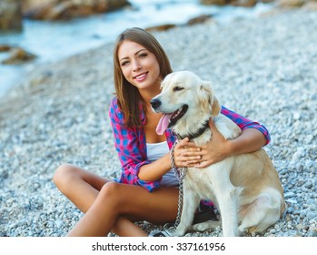 Summer Vacation - Woman With A Dog On A Walk On The Beach