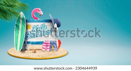 Summer vacations at the beach banner: old wooden sign with Hello Summer text and beach accessories, copy space
