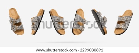 Summer Vegan cork sandals with straps floating from different sides on light gray background. Fashionable female trendy slippers. Eco-friendly natural shoes. Creative concept objects for design.