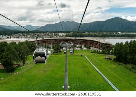 Summer view of the cable car to Mount Sinyukha. MANZHEROK, ALTAI REPUBLIC, RUSSIA .