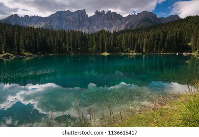 Summer view of Carezza lake in Trentino Alto-Adige, Italy