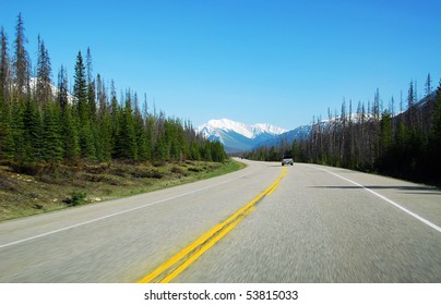 Summer View Of Mountain Road At Jasper National Park, Alberta, Canada