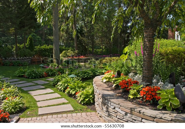 Summer View Ornamental Garden Slate Pathway Stock Photo (Edit Now) 55630708