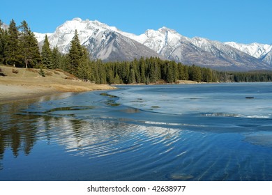 Summer View Of Rocky Mountains Around Lake Minnewanka, Banff National Park, Alberta, Canada