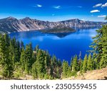 Summer View of Wizard Island at Crater Lake National Park in Oregon.