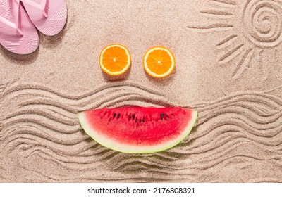 Summer wallpaper  drawing sand  sea waves   sun  face shape summer fruits  pink flip  flops  top view  no people 