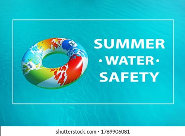 Summer Water Safety. Colorful Inflatable Ring Floating In Swimming Pool