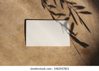 Summer wedding stationery mock-up. Blank business card, invitation at sunset. Dark olive leaves silhouette. Tree branch shadow overlay. Golden marble background. Flat lay, top view. Vacation concept. Stock Photo